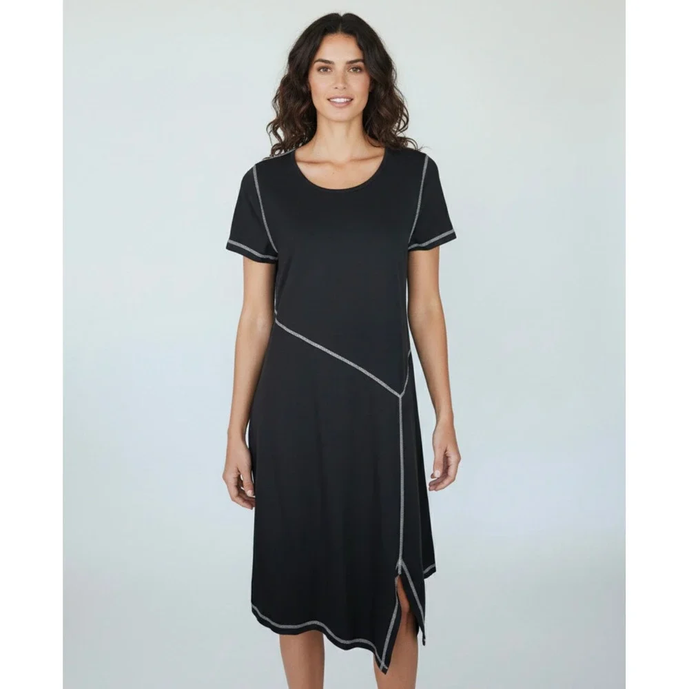 Soft Surroundings Exposed Seam Asymmetrical Short Sleeve Jersey Dress Black S